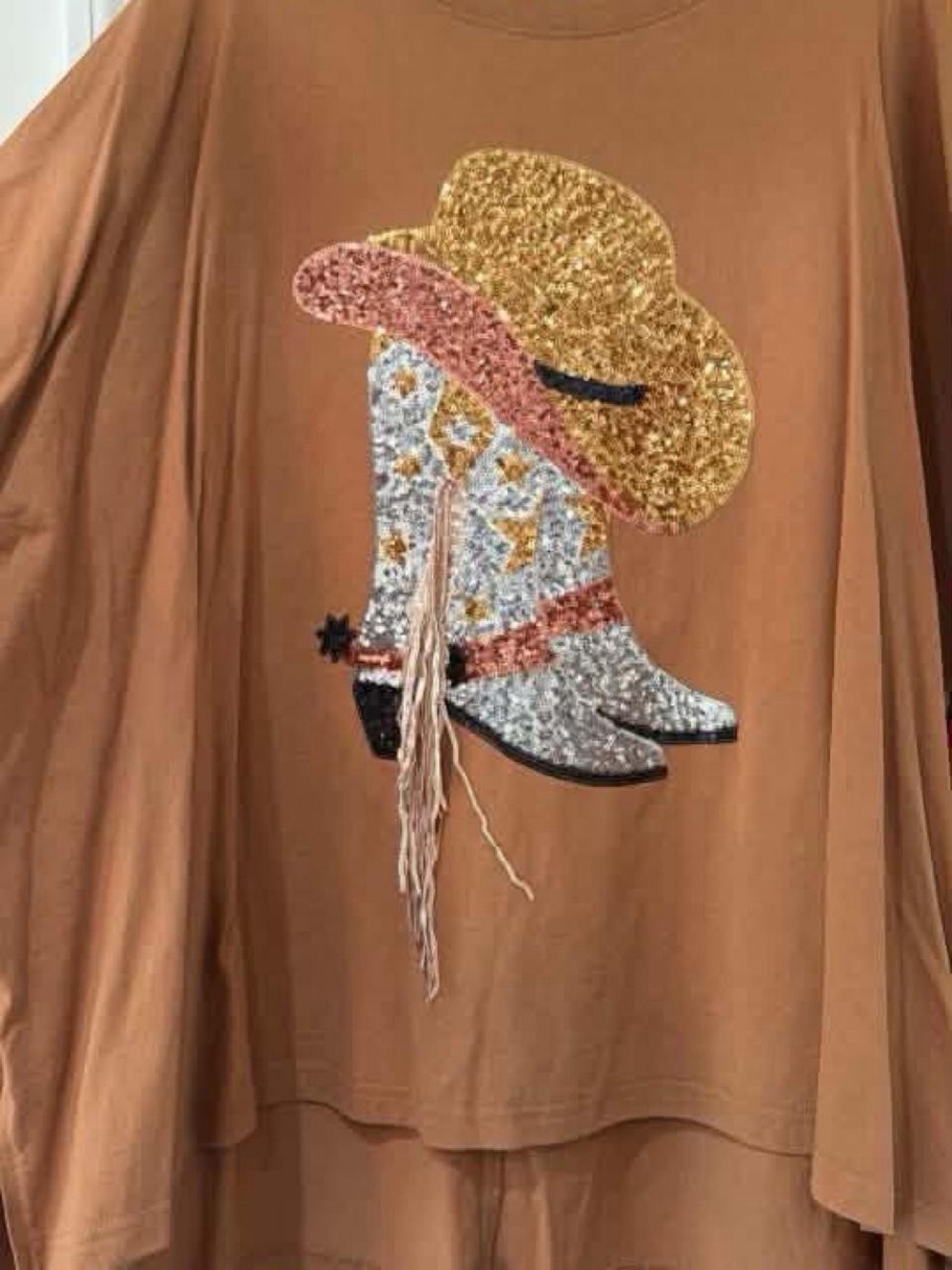 Women’s Sequin Cowboy Hat & Boot Graphic Tee - Tan